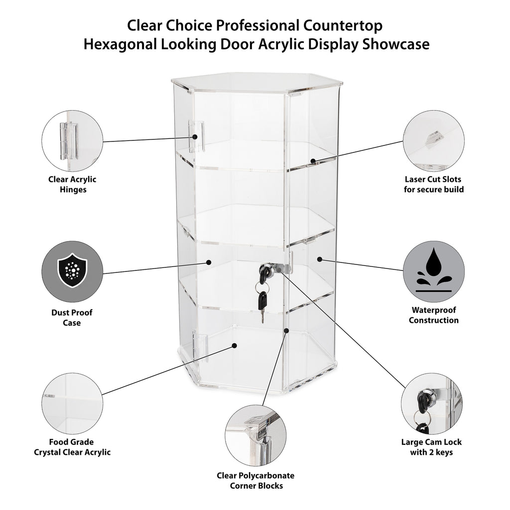 Clear Choice Professional Countertop Hexagonal Looking Door Acrylic Display Showcase